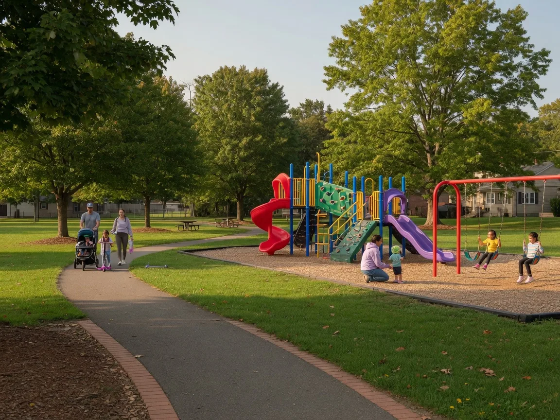 Community park playground in Upper Chichester Township with colorful play equipment and green grass