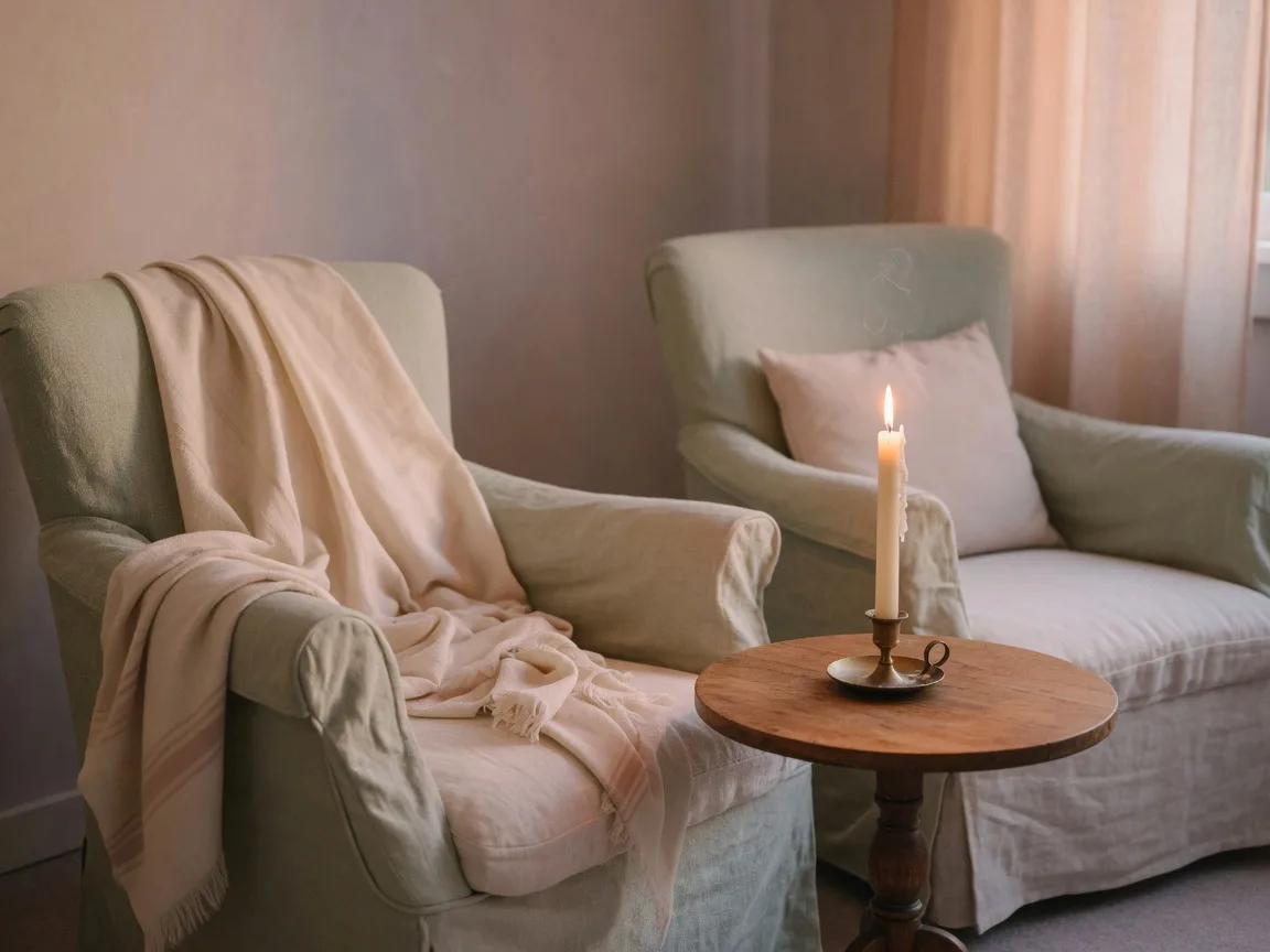Two linen chairs facing each other with a shawl on one and a candle between them
