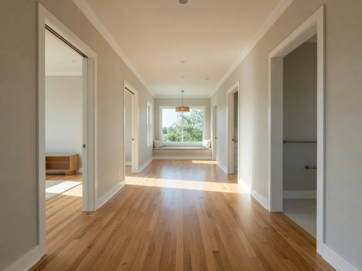 Wide bright hallway in a modern ranch home with accessible design and natural light