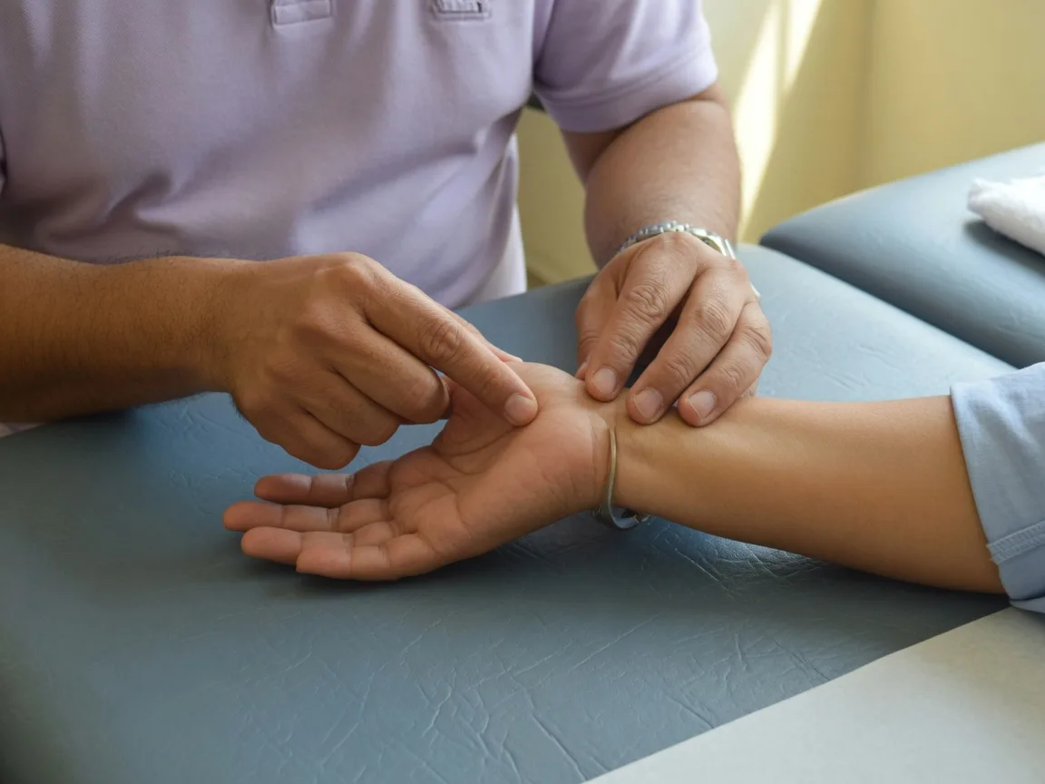 Hands examining a patient's wrist during a chiropractic exam