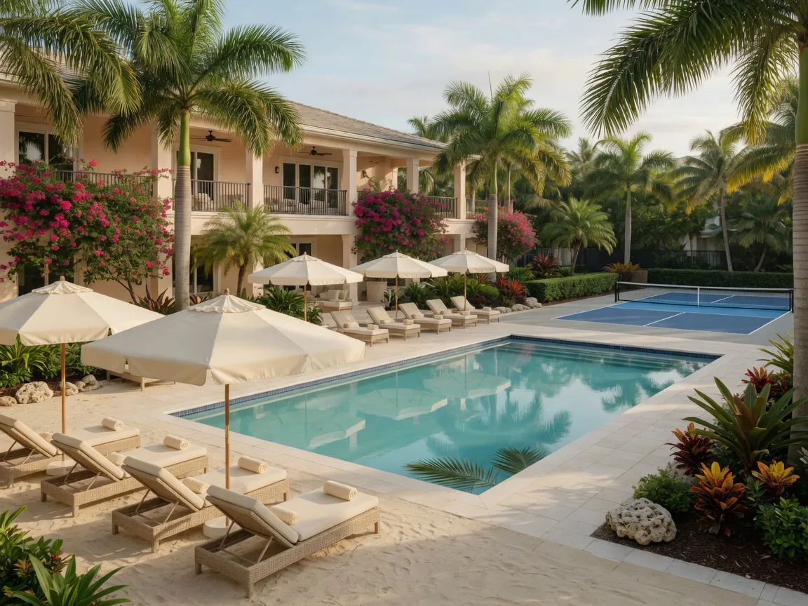 Resort-style pool and clubhouse patio at a Palm Beach County active-adult community