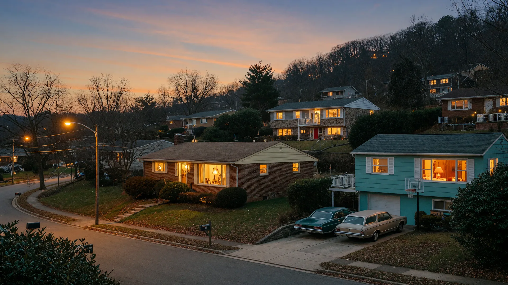 Cozy and safe mid-century neighborhood in Andorra at dusk
