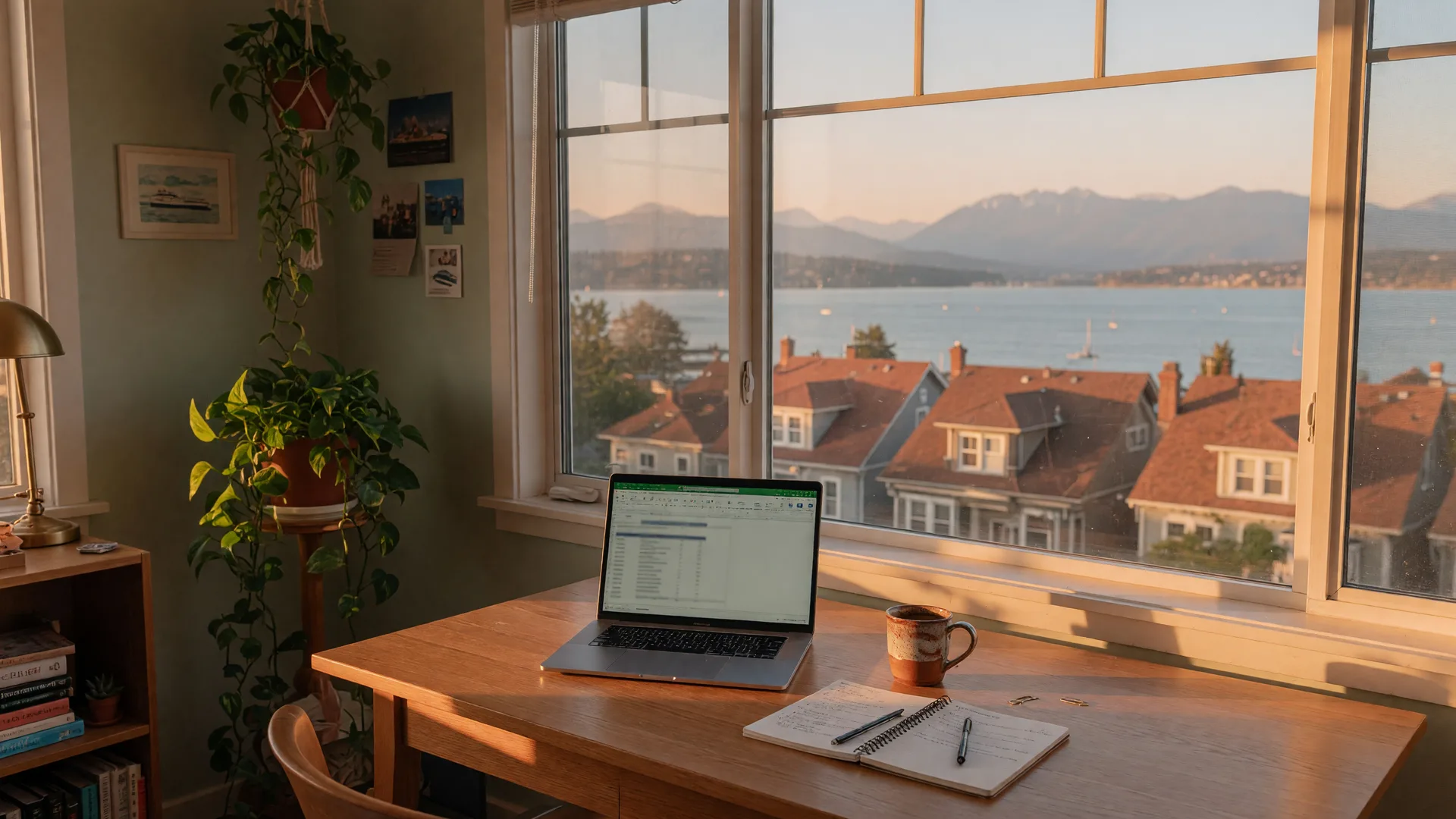 A home office desk and laptop by a window overlooking Victoria rooftops and the Strait of Juan de Fuca, the kind of room where remote workers need reliable internet