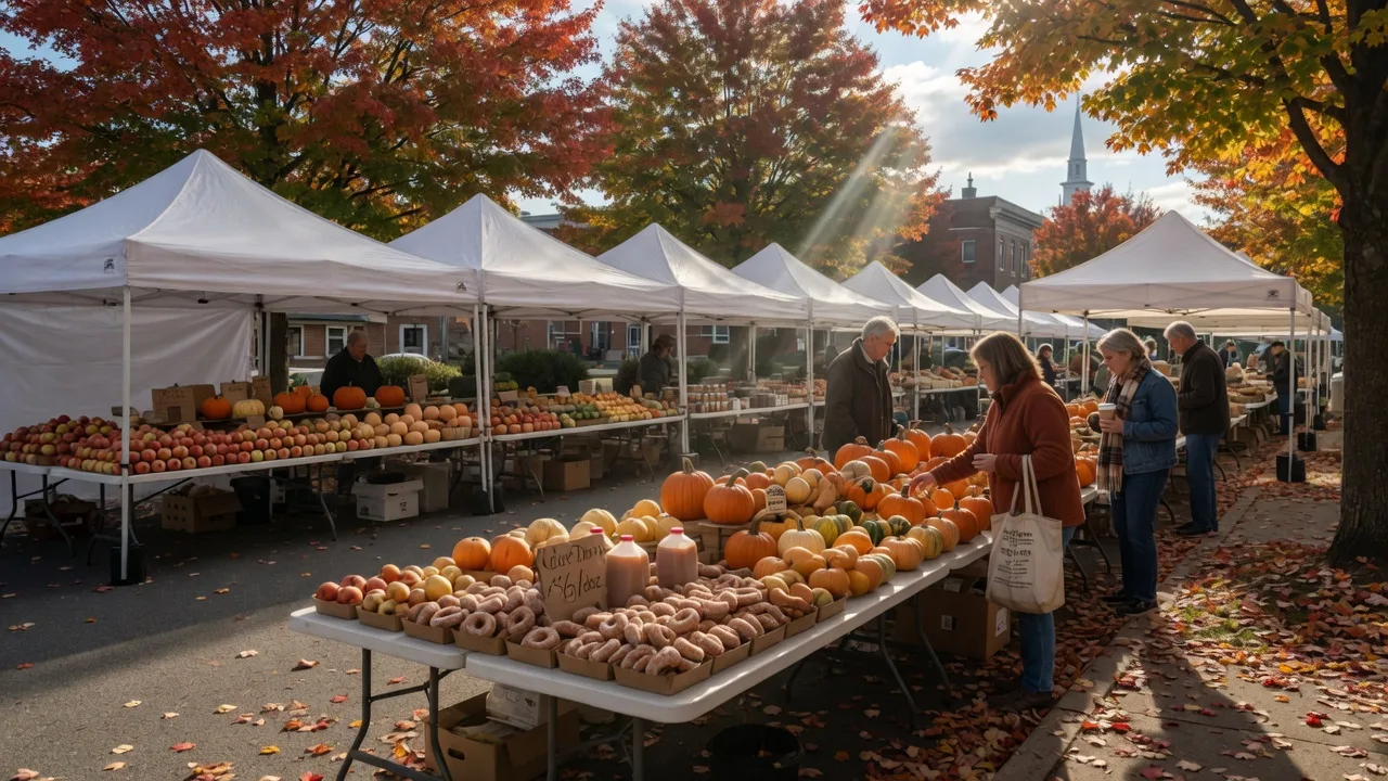 An autumn farmers market in a small Pennsylvania town on a bright October Saturday morning, white market canopies over tables of apples, pumpkins, squash and cider donuts, shoppers with canvas tote bags browsing, red and gold leaves underfoot
