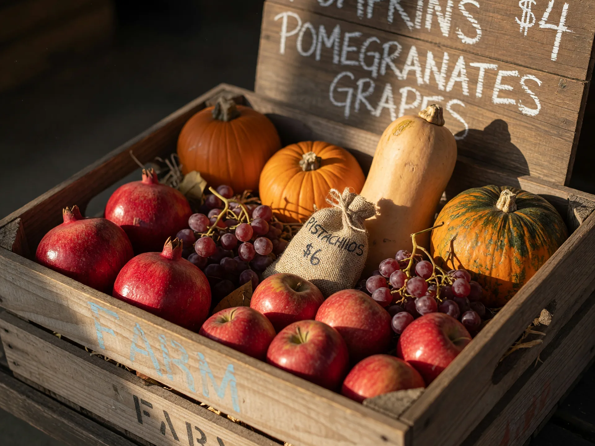 A close-up of a farmers market crate in the Central Valley in October, orange pumpkins and butternut squash, deep red pomegranates, crisp red apples, bunches of table grapes, and a small burlap sack of pistachios, with a wooden price board softly blurred behind