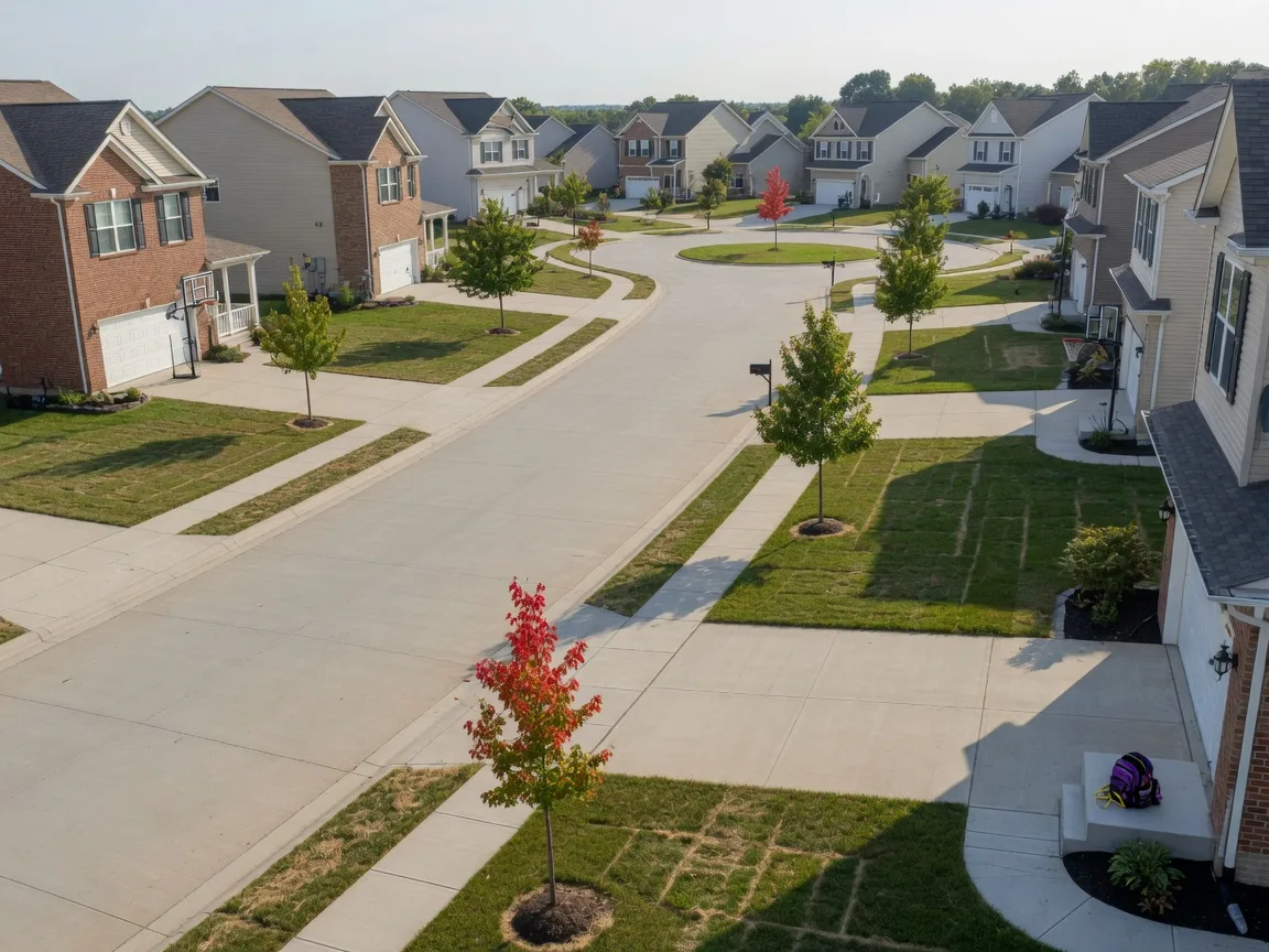 A residential cul-de-sac in the Ehrnfelt Farms neighborhood of Strongsville, Ohio on a bright September afternoon with newer two-story brick and siding homes, fresh lawns, and a school backpack visible on a porch
