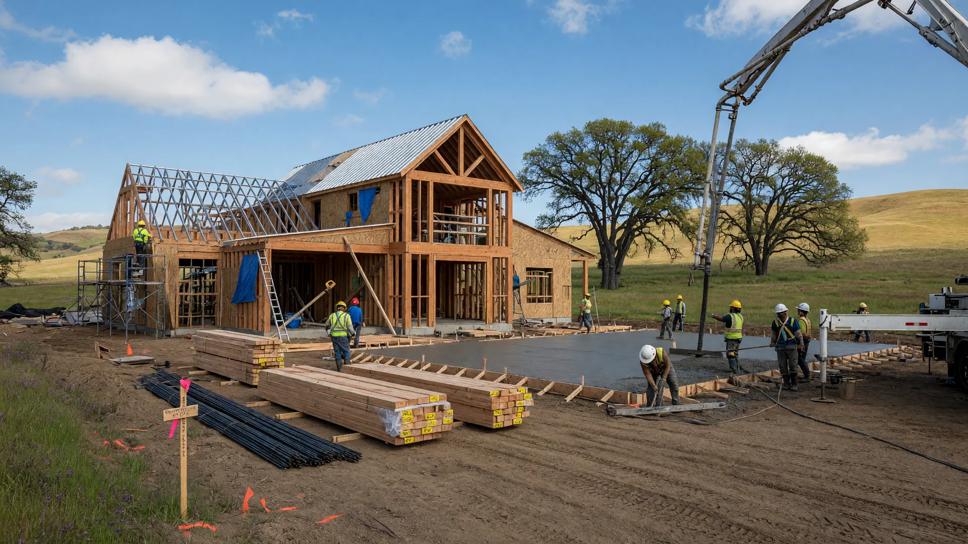 Custom home construction site on a rural lot in the Sacramento Valley with timber framing, construction workers, and golden foothills in the background