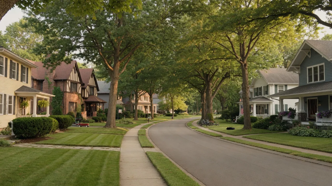Tree-lined residential street in Rocky River, Ohio with well-maintained Colonial and Tudor-style homes on a warm summer afternoon