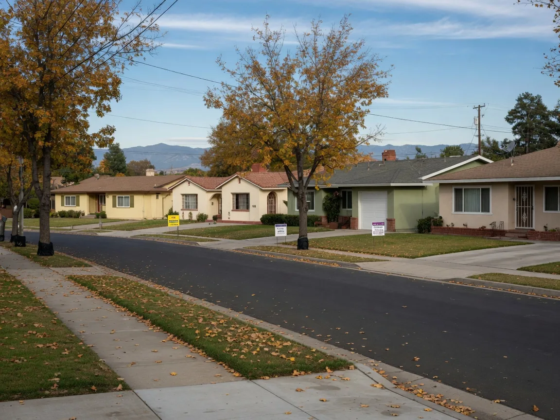 A quiet tree-lined residential street in Merced, California on a clear autumn afternoon, rows of well-kept ranch and stucco homes with neat lawns, golden valley oak leaves on the sidewalk, and the hazy Sierra Nevada foothills in the distance