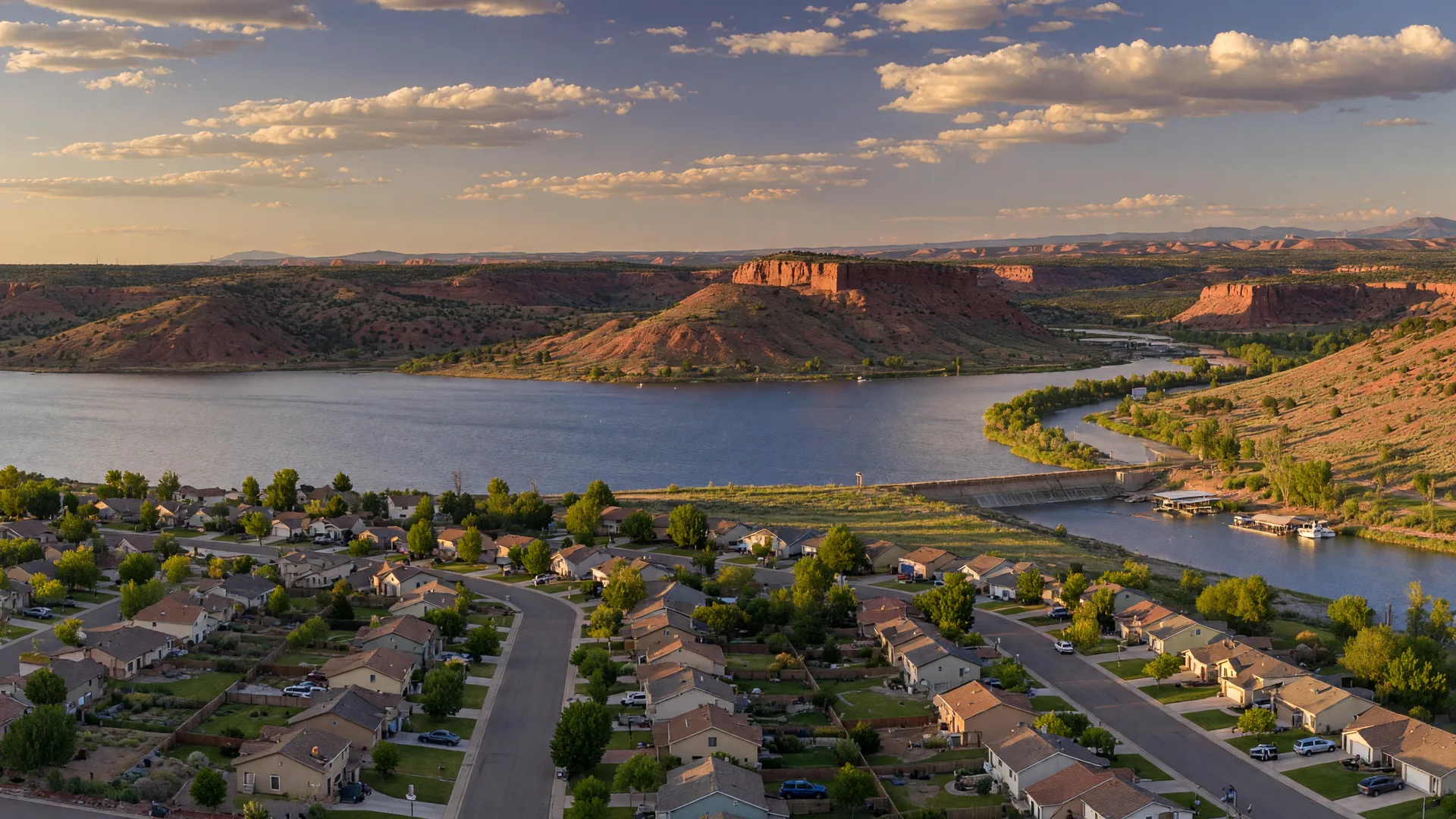 Pueblo West community along Pueblo Reservoir with red-rock mesas in the distance