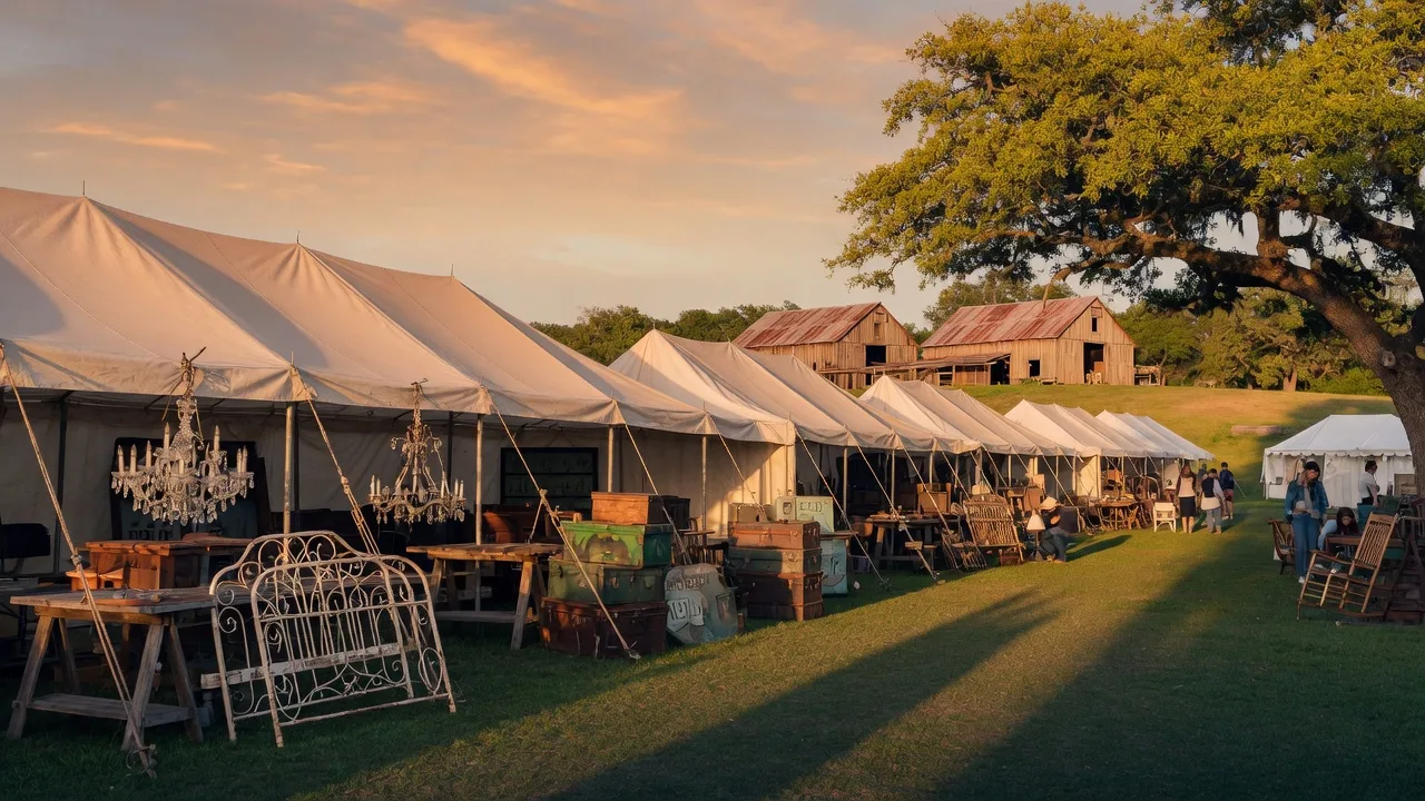 Vendor tents and antiques under the oak trees at the Round Top Antiques and Design Show in Texas
