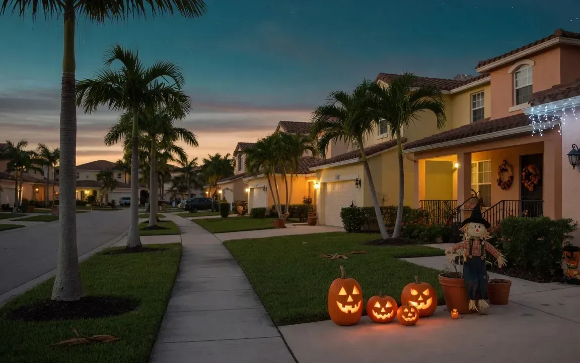 A South Florida neighborhood street at Halloween dusk with carved jack-o'-lanterns, string lights, and glowing porch lights along a palm-lined sidewalk
