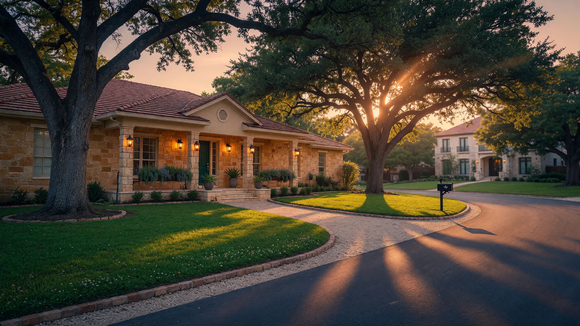 Stone and stucco Hill Country home with manicured lawn and mature live oaks at golden hour