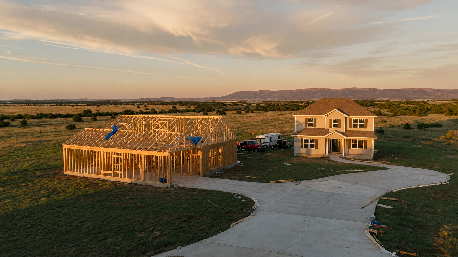 New construction home in Elgin, Oklahoma at golden hour on a large homesite, with a home in the framing stage beside a nearly finished new build
