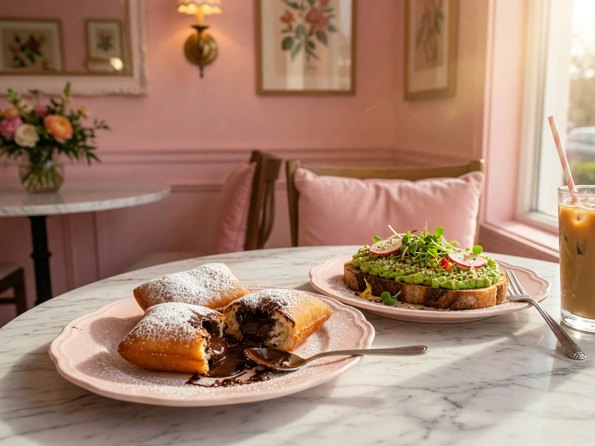 Beignets with chocolate ganache and avocado toast at Caroline's on Main in Flowery Branch Georgia, beautifully styled Southern brunch dishes