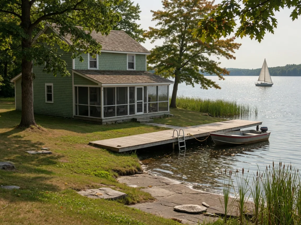 A shingled waterfront home on Lake Scugog with a screened porch, cedar dock with a fishing boat, and reeds along the rock shoreline on a late summer afternoon