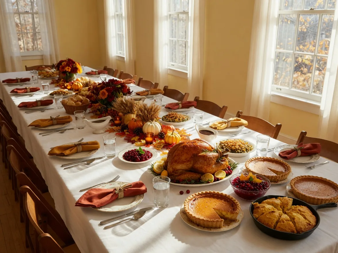 Long table with turkey and pumpkin pies at the Wimberley community Thanksgiving meal