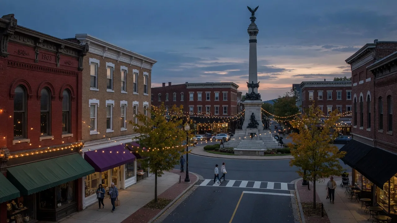 Downtown Easton's Centre Square at dusk in mid-September, the monument at the center of the circle and warm lights between the brick storefronts