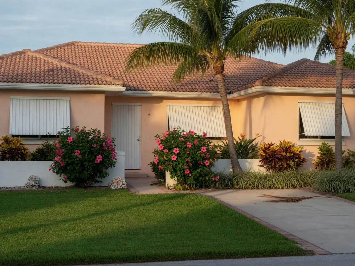 A Florida Gulf Coast stucco home with a terracotta tile roof and white accordion hurricane shutters closed over its windows