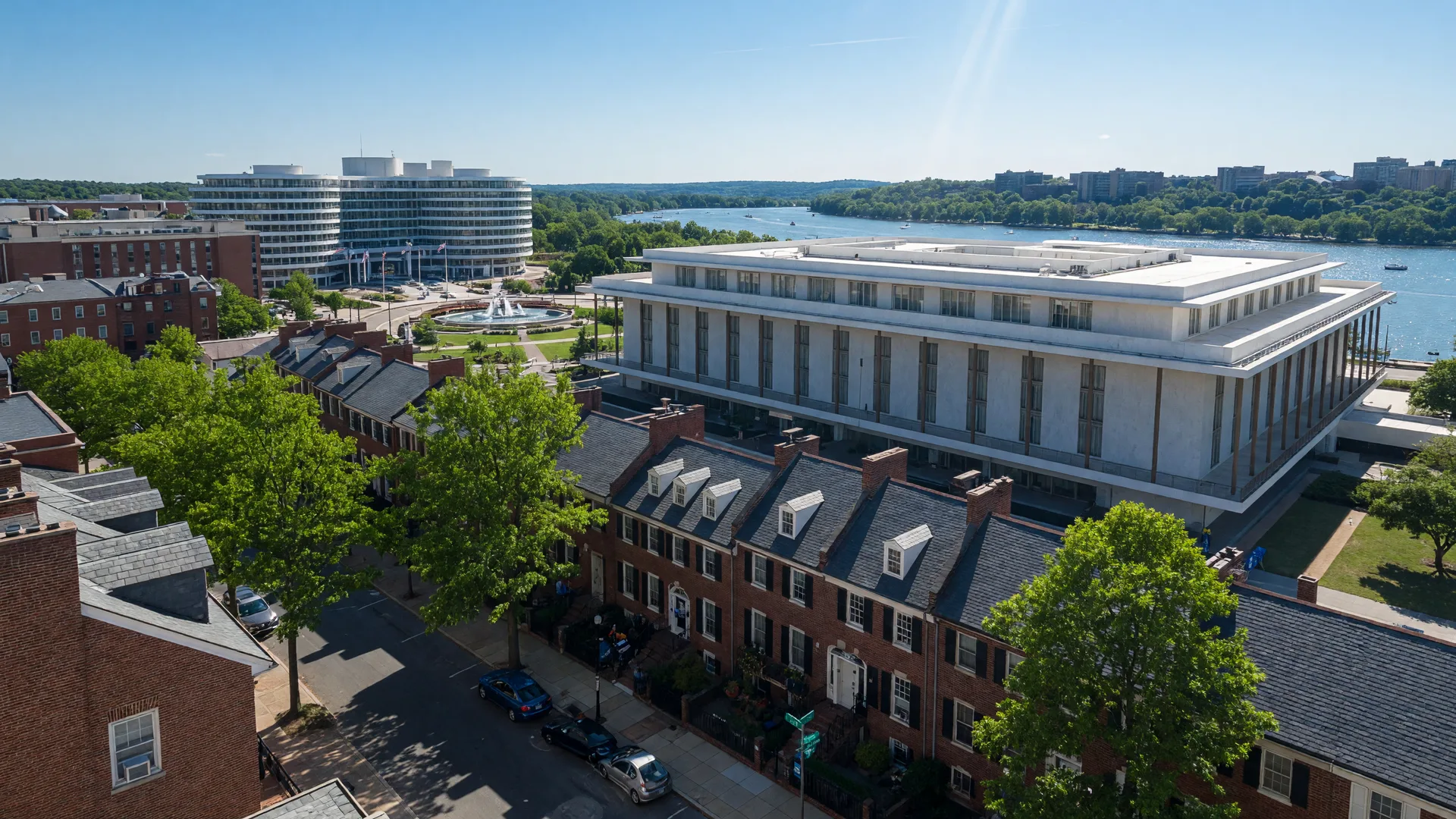 Kennedy Center and historic rowhouses in Foggy Bottom, Washington, DC