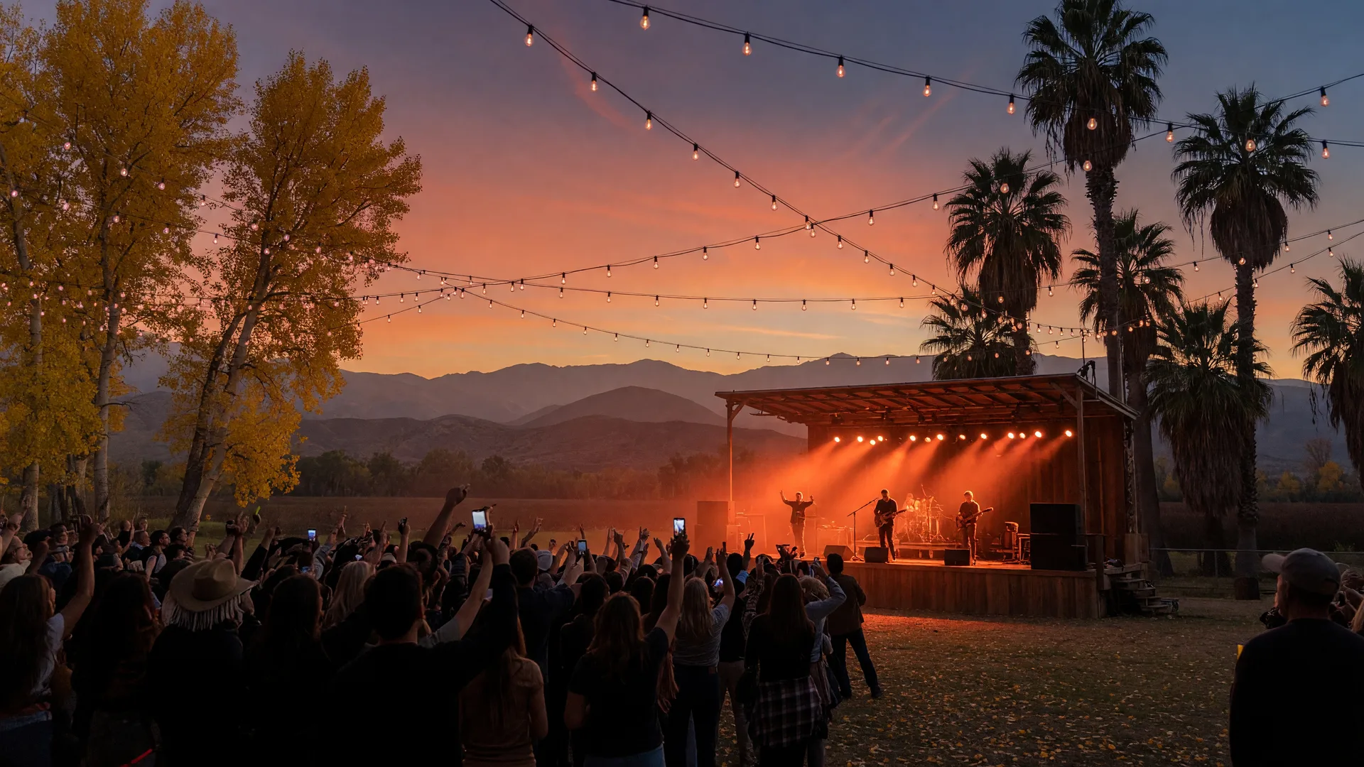 An outdoor evening concert at a Central Valley venue in mid-October, a wooden stage glowing with warm amber lights and string lights, a silhouetted crowd with raised hands, autumn cottonwood and palm trees, and the Sierra Nevada foothills on the horizon at dusk