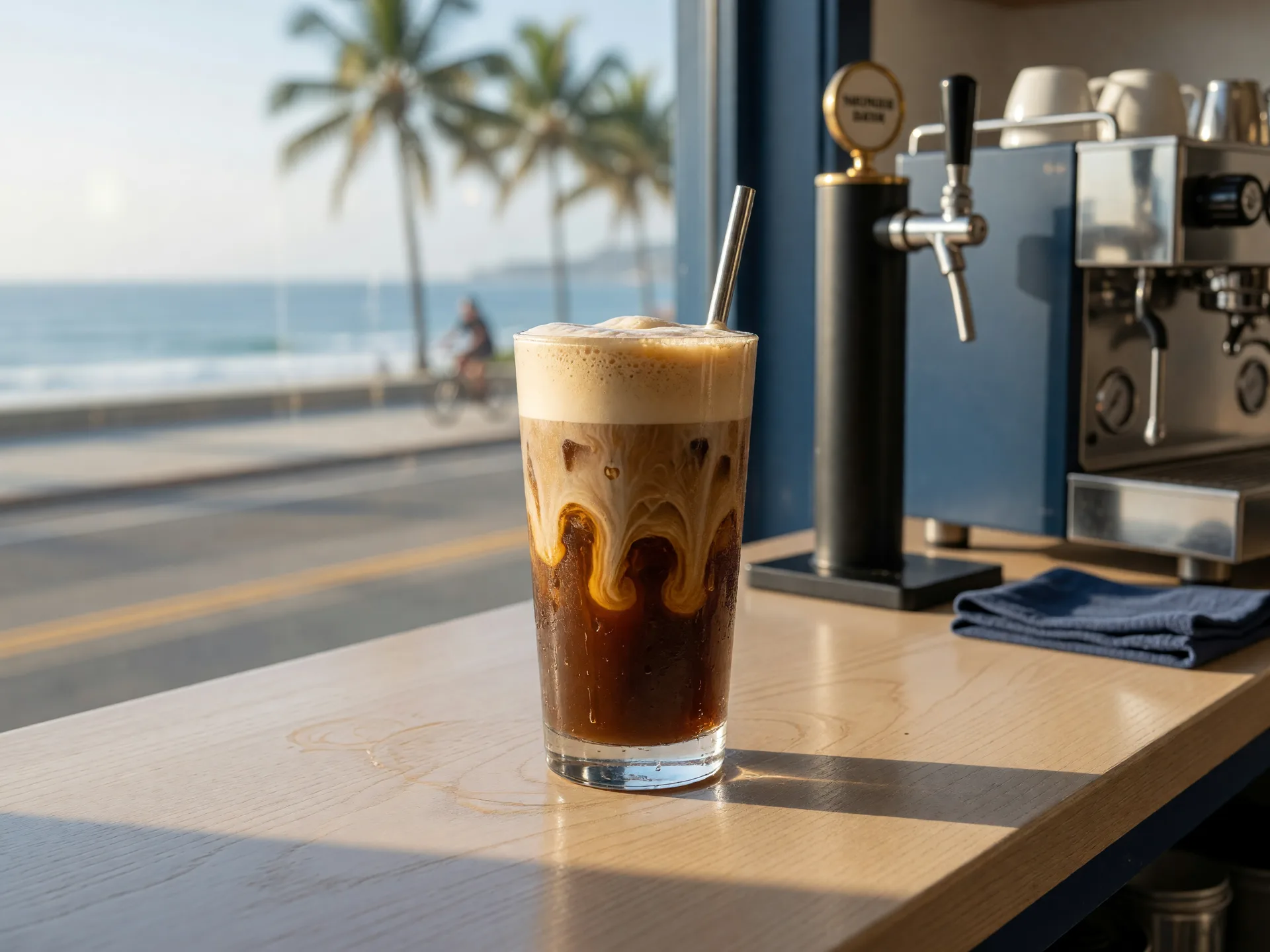 A glass of nitro cold brew layered over milk on a wooden counter at Trident Coffee Imperial Beach