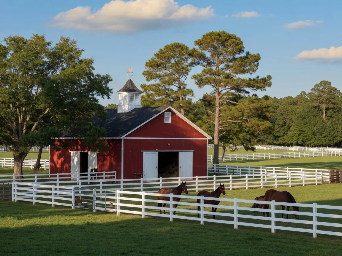 A scenic equestrian breeding property in Aiken, South Carolina with white board fencing, sprawling green pastures, and a traditional horse barn beneath a blue sky