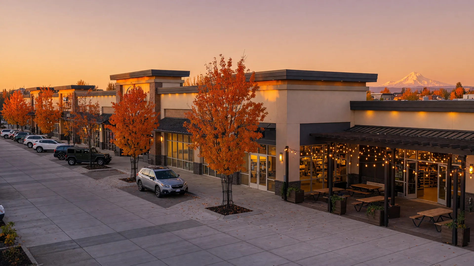 Modern suburban commercial corridor in Happy Valley at golden hour with warmly glowing storefronts and autumn maples