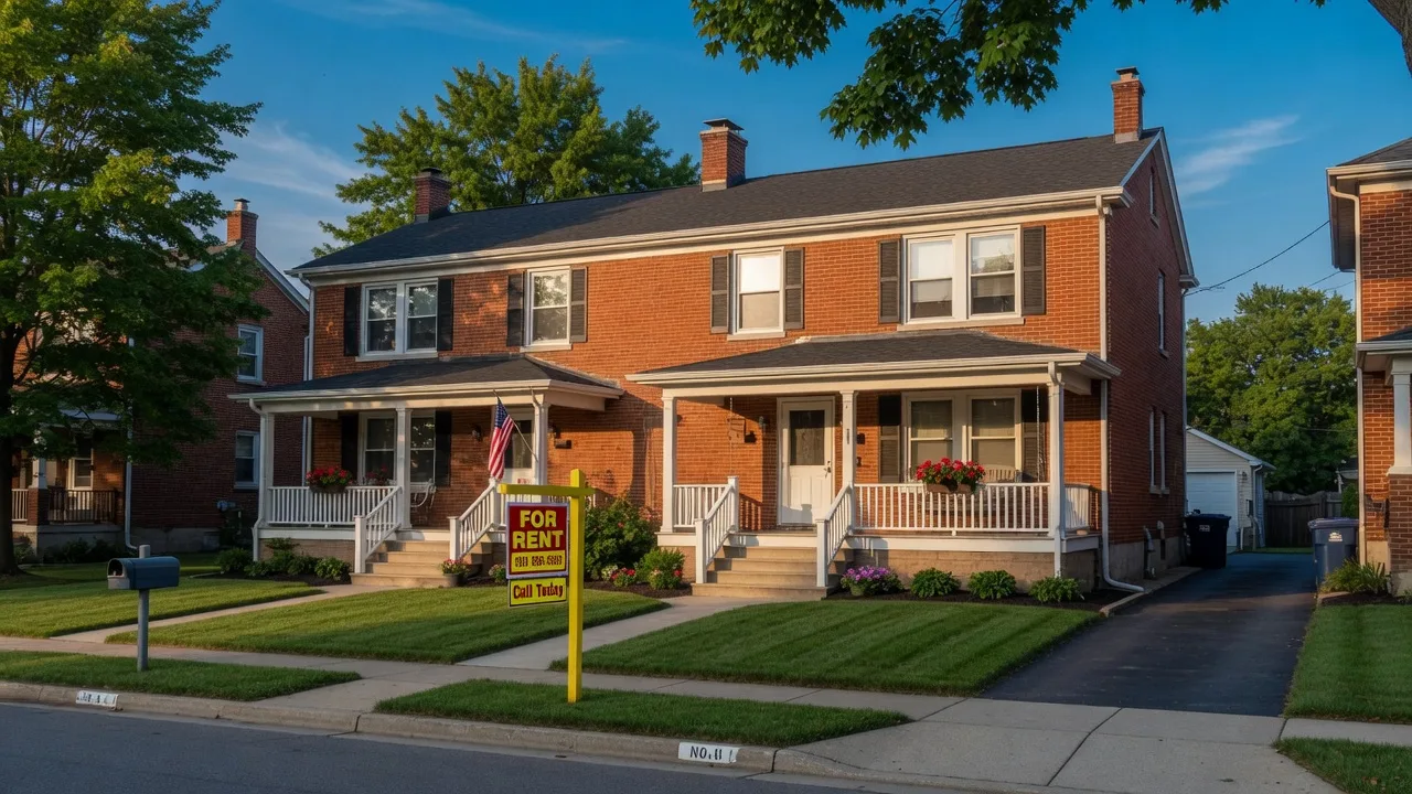 A well-maintained brick duplex investment property in Dayton Ohio with a shared front porch and green yard