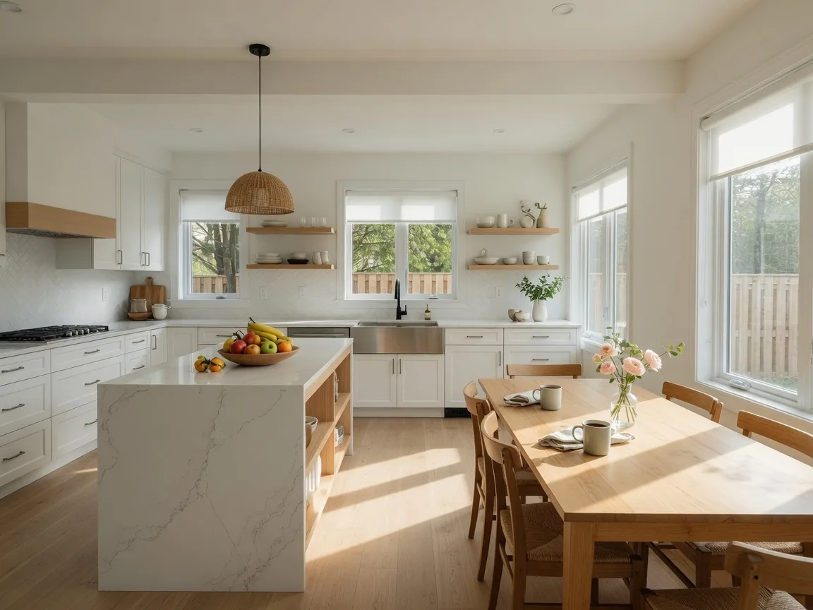 A freshly staged open-concept kitchen and dining area in a renovated Durham Region family home, with white cabinetry, a quartz island with fruit, and soft morning light across a wooden table set for coffee