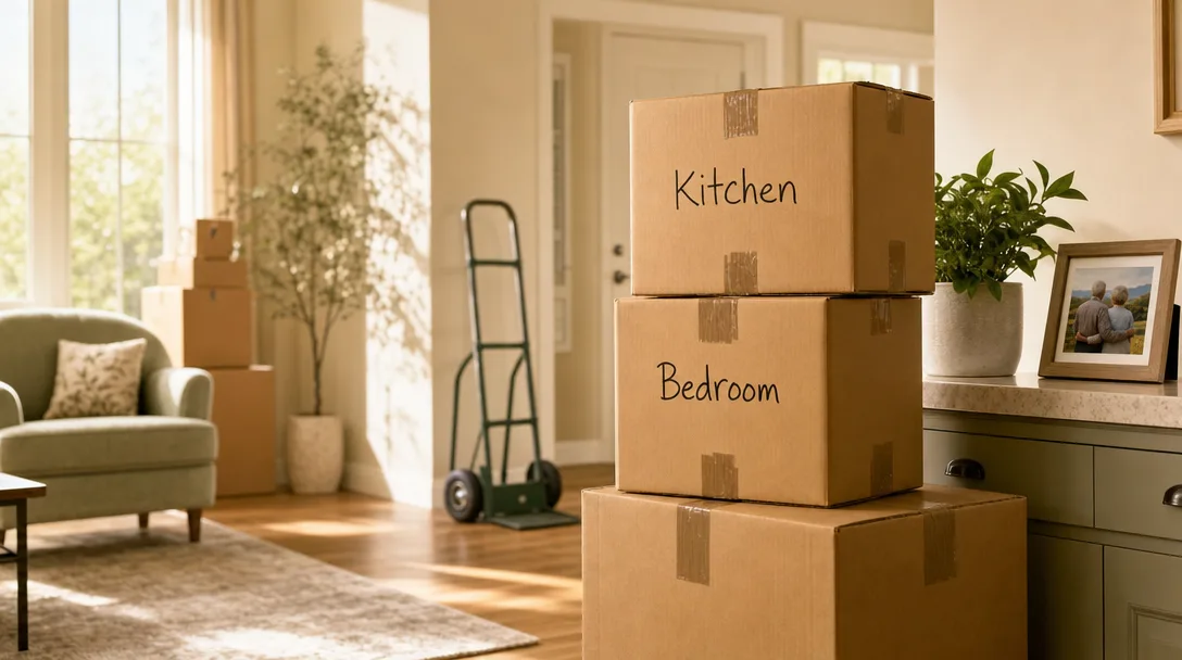 Bright, airy living room with stacked moving boxes labeled Kitchen and Bedroom, soft afternoon light streaming through windows, organized senior relocation scene
