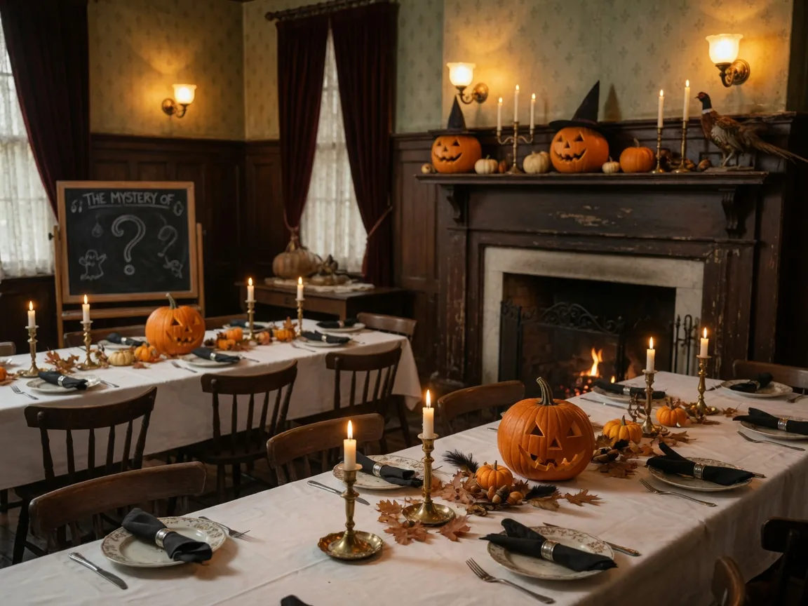 A heritage inn dining room set for a Halloween dinner-theatre night: long tables with white cloths, brass candlesticks, carved pumpkins as centrepieces and warm amber gaslight on dark wood panelling