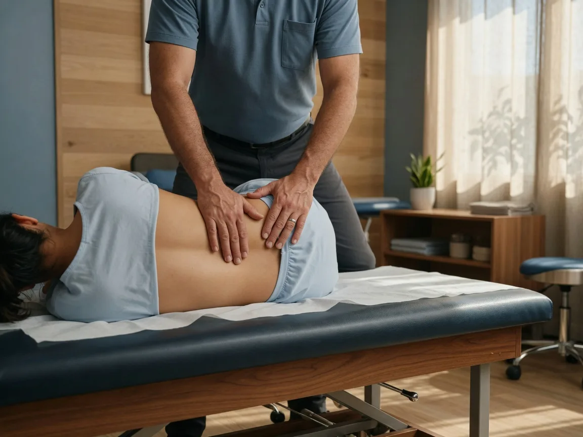 Chiropractor's hands on a patient's back during an adjustment