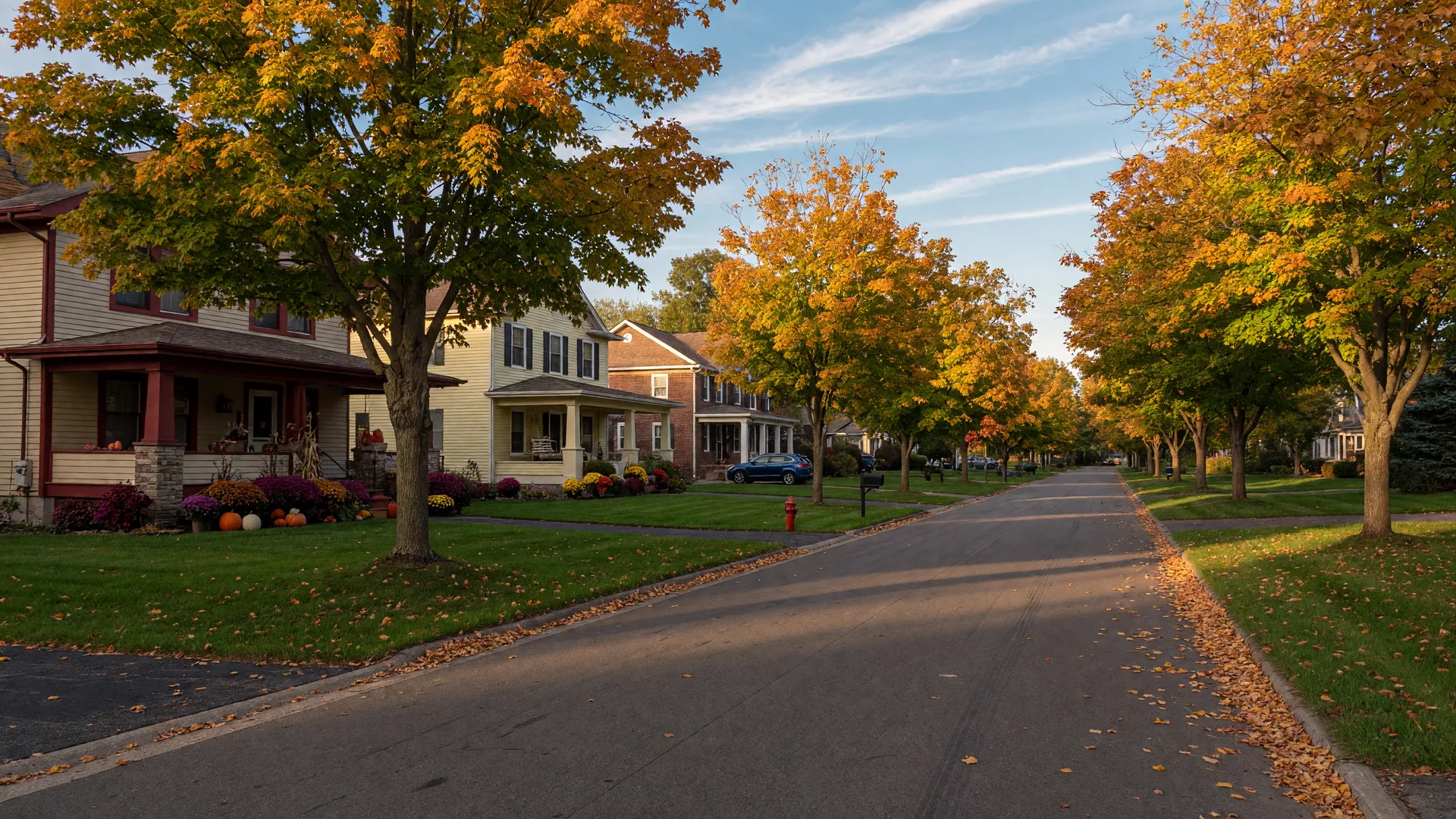 A residential street in southeastern Michigan in late September, with maple trees turning gold and pumpkins and mums on front porches