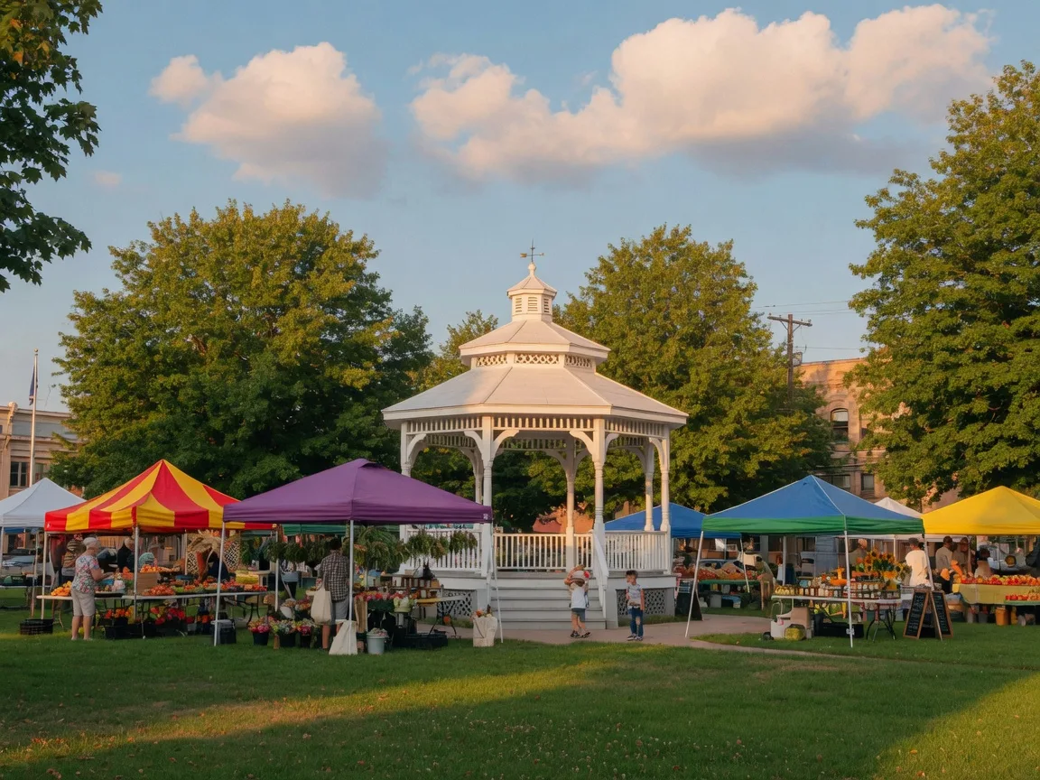Medina Public Square with white gazebo and farmers market tents on a sunny late-summer afternoon