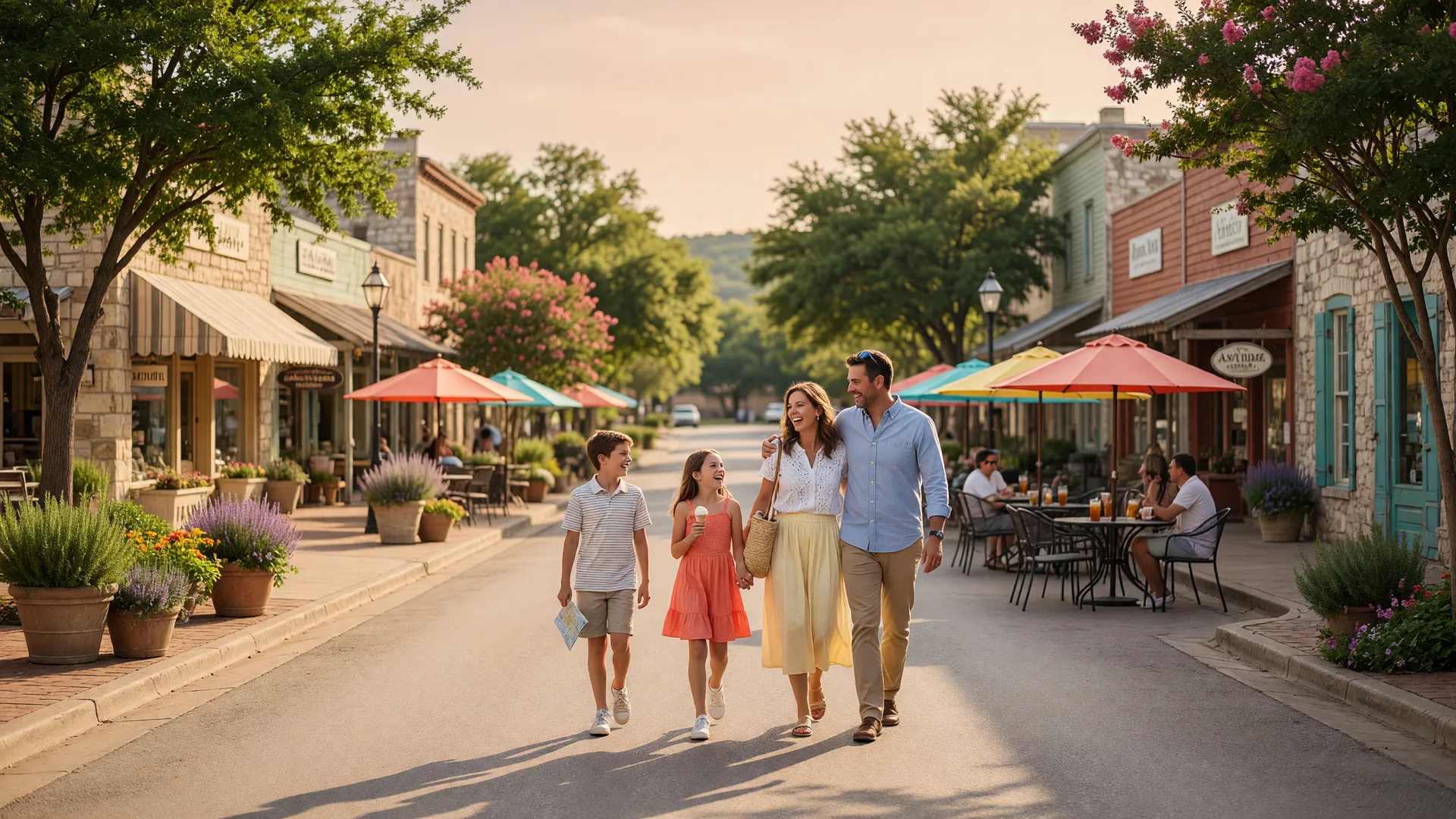 A family walking through a charming Hill Country downtown