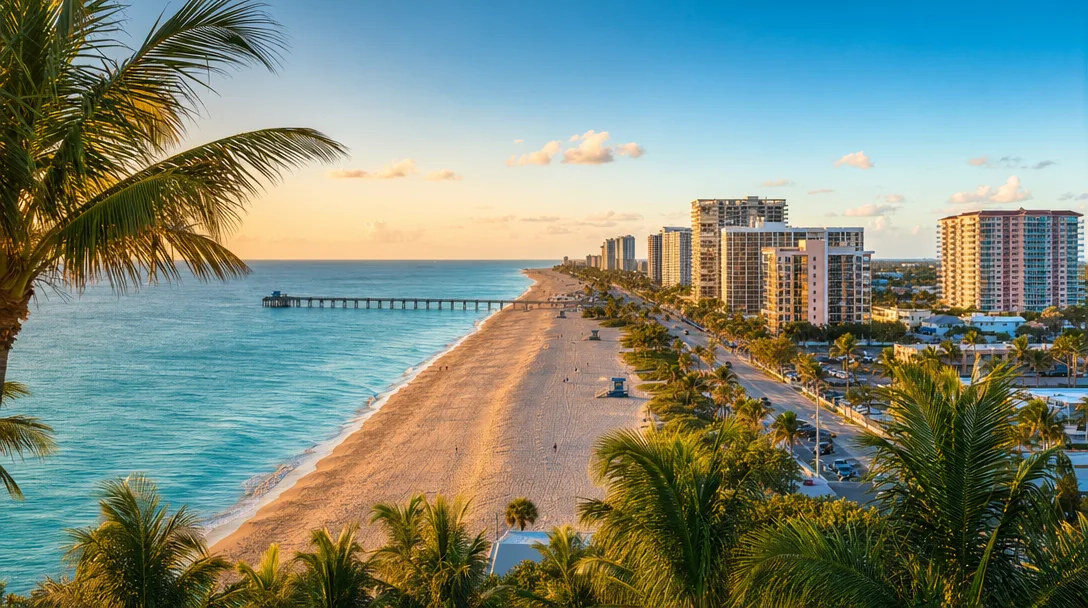 Elevated view of Pompano Beach showing the sandy beach, fishing pier, and turquoise Atlantic Ocean with coastal development