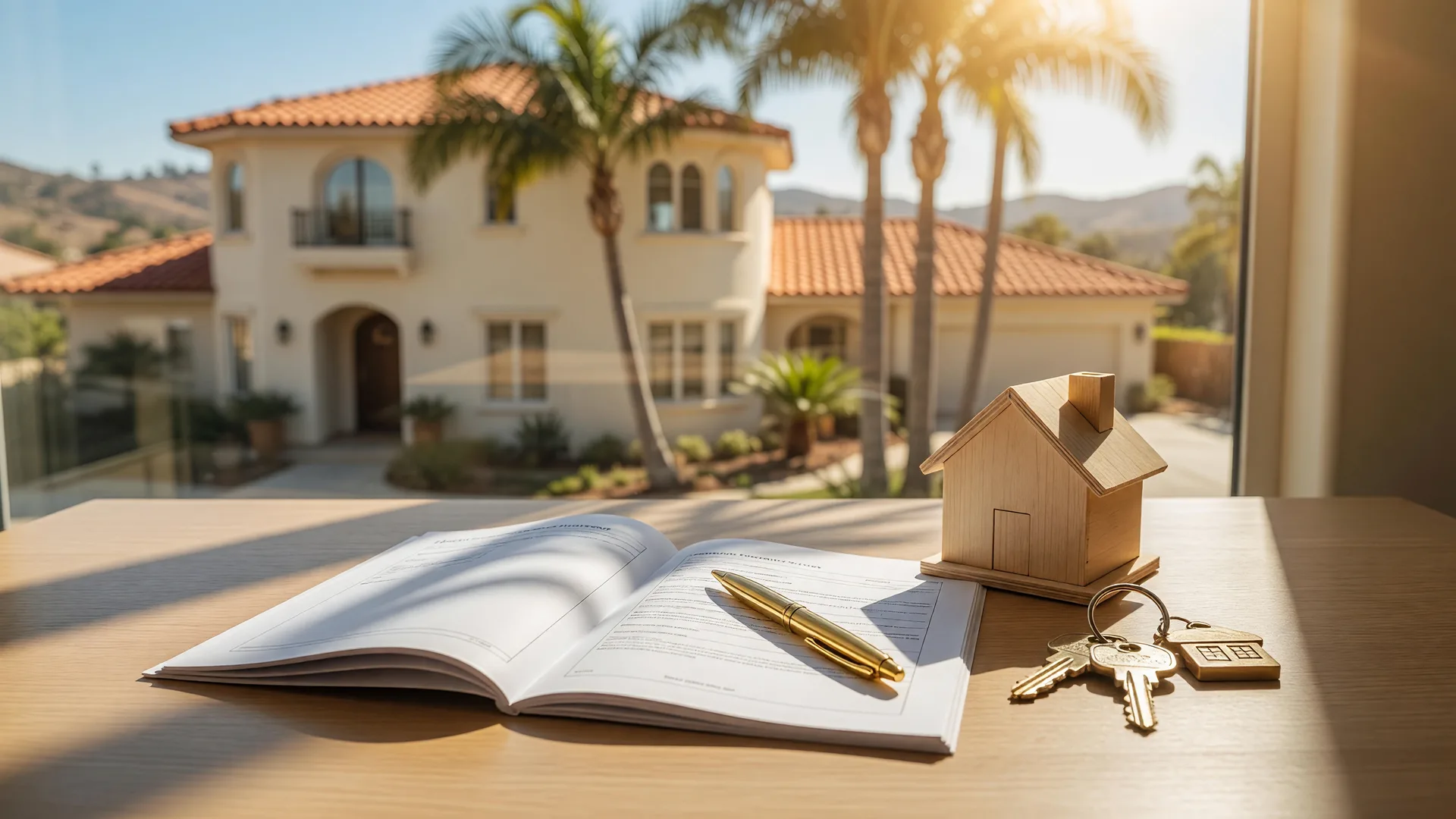 An open homeowners insurance policy document with a gold pen, wooden model house, and house keys on a sunlit desk, with a California home blurred through the window