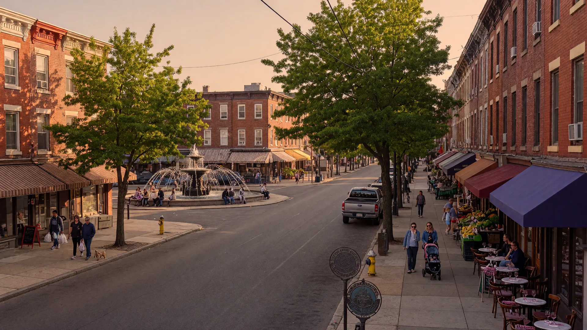 East Passyunk Avenue in South Philadelphia with historic rowhomes and storefronts on a sunny afternoon
