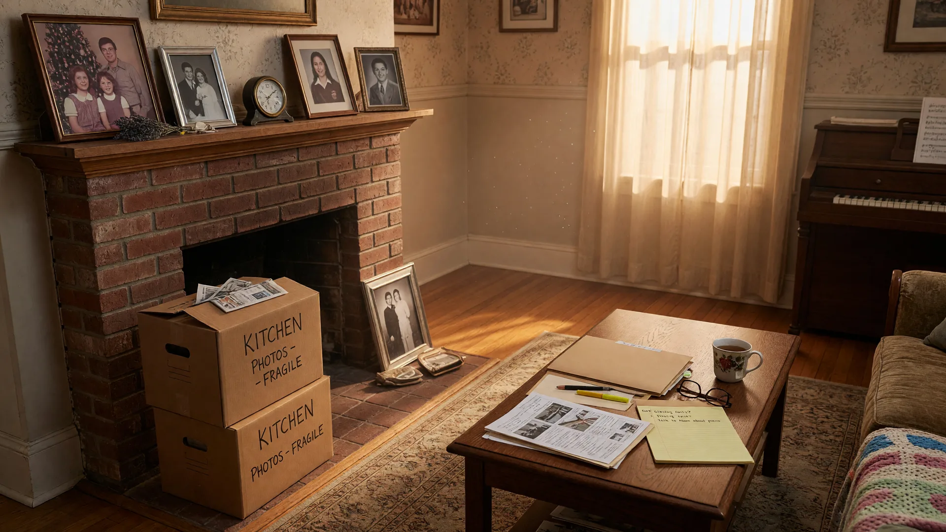 A sunlit family living room with moving boxes by a fireplace, framed family photos on the mantel, and papers, reading glasses, and a cup of tea on the coffee table