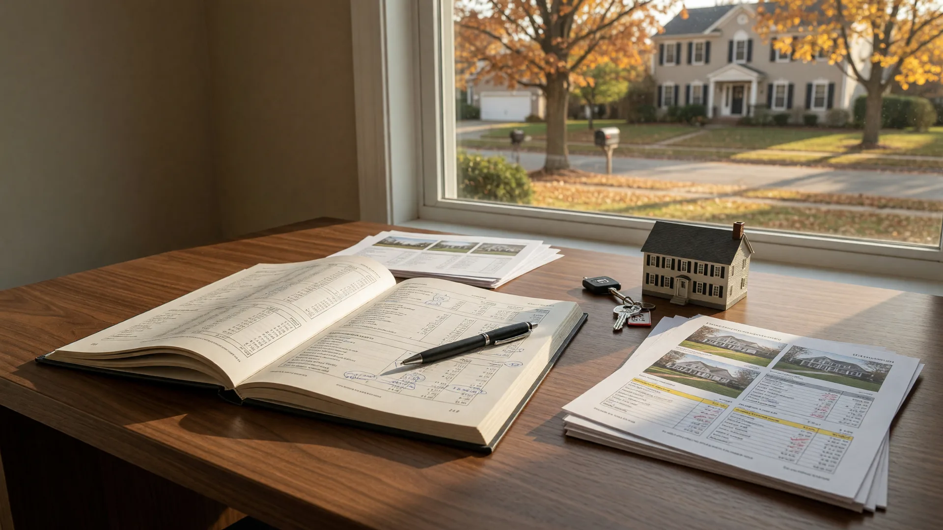 Open residential appraisal report with a pen, house key, and comparable-sale printouts on a walnut desk, with a suburban Ohio home visible through the window