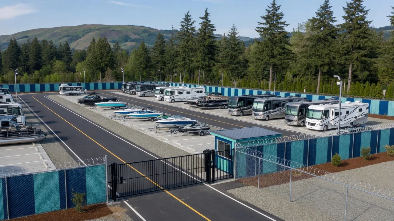 Neat rows of RVs and boats parked behind a secure gate with evergreens in the background