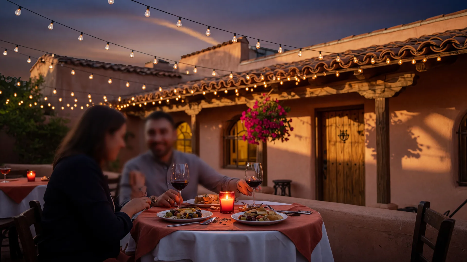 Romantic string-lit patio dining at a Spanish-style restaurant in Old Town Newhall at twilight