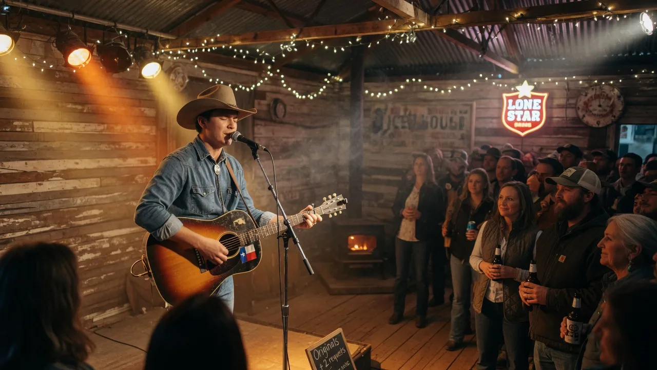 A young Texas country singer-songwriter in a cowboy hat playing acoustic guitar into a standing microphone on a rustic icehouse stage, warm amber lights and a modest crowd