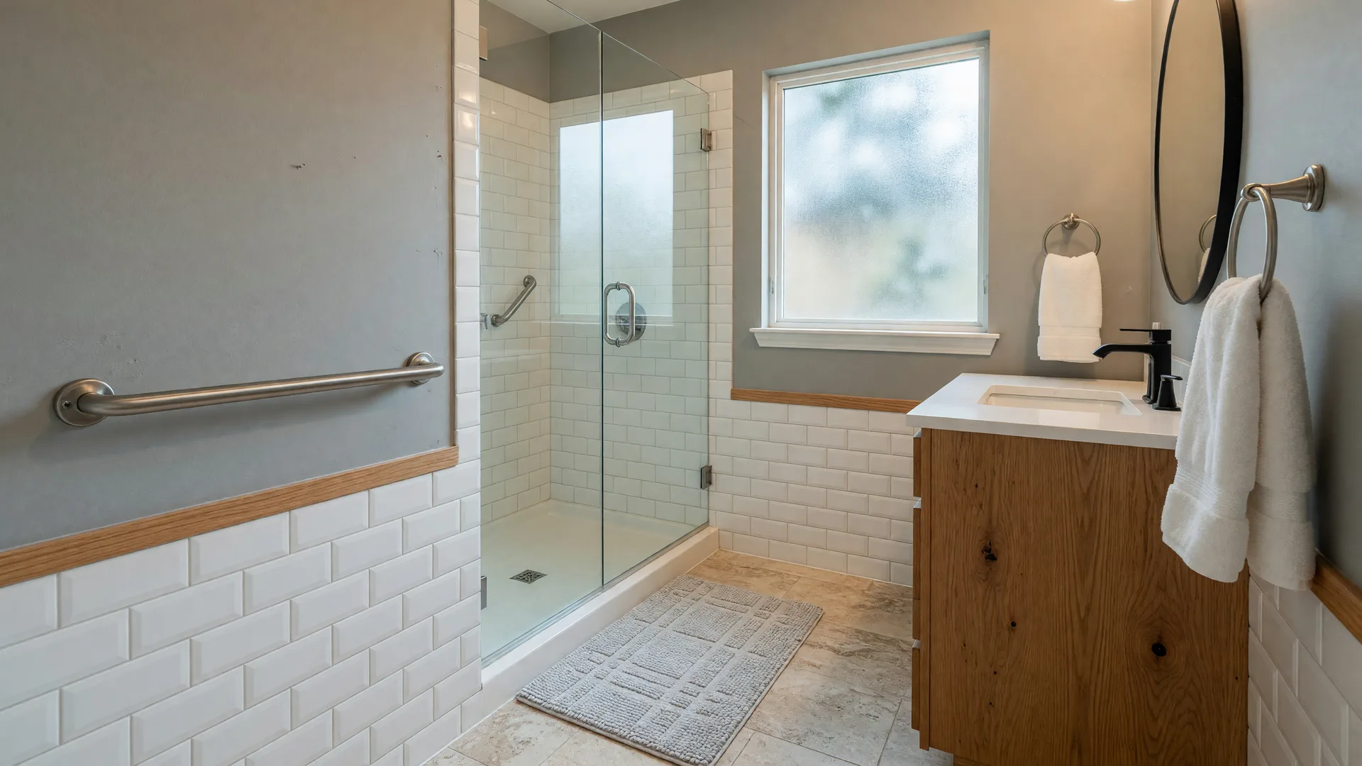 Grab bar installation in San Antonio: a brushed stainless steel grab bar mounted beside a walk-in shower in a bright bathroom with white subway tile, an oak vanity, and soft morning light
