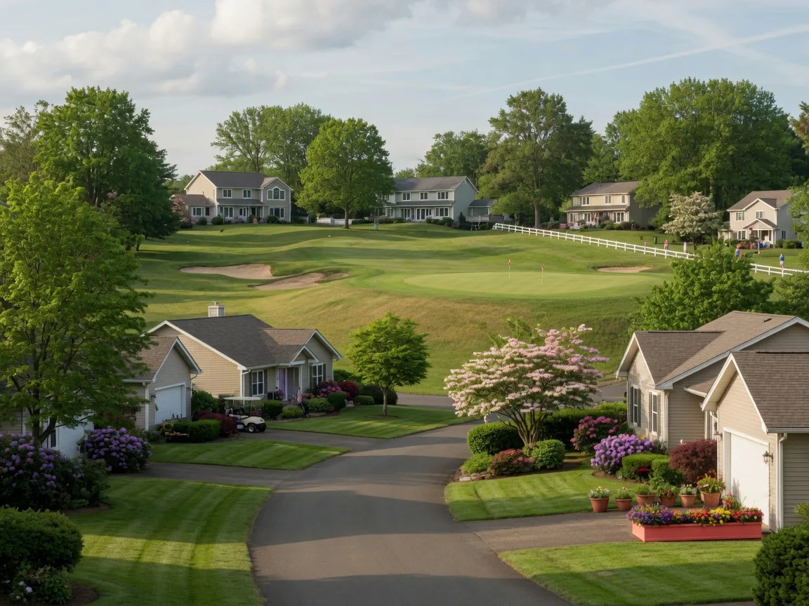 Peaceful residential street in the King City 55+ golf community in Tigard, Oregon with well-maintained homes, mature trees, and a view of the golf course fairway