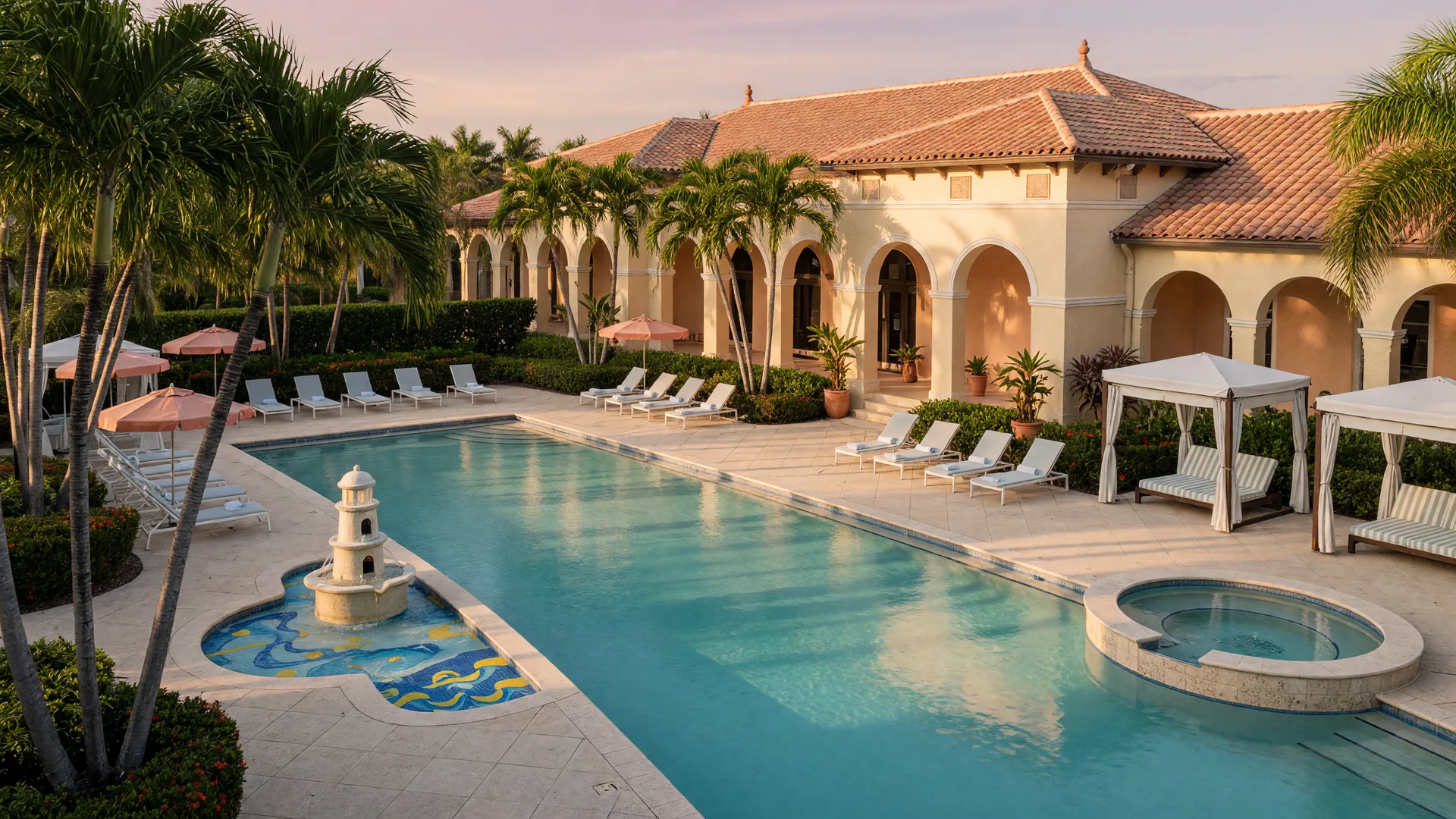 A resort-style pool terrace with cabanas and palm trees at a South Florida gated community