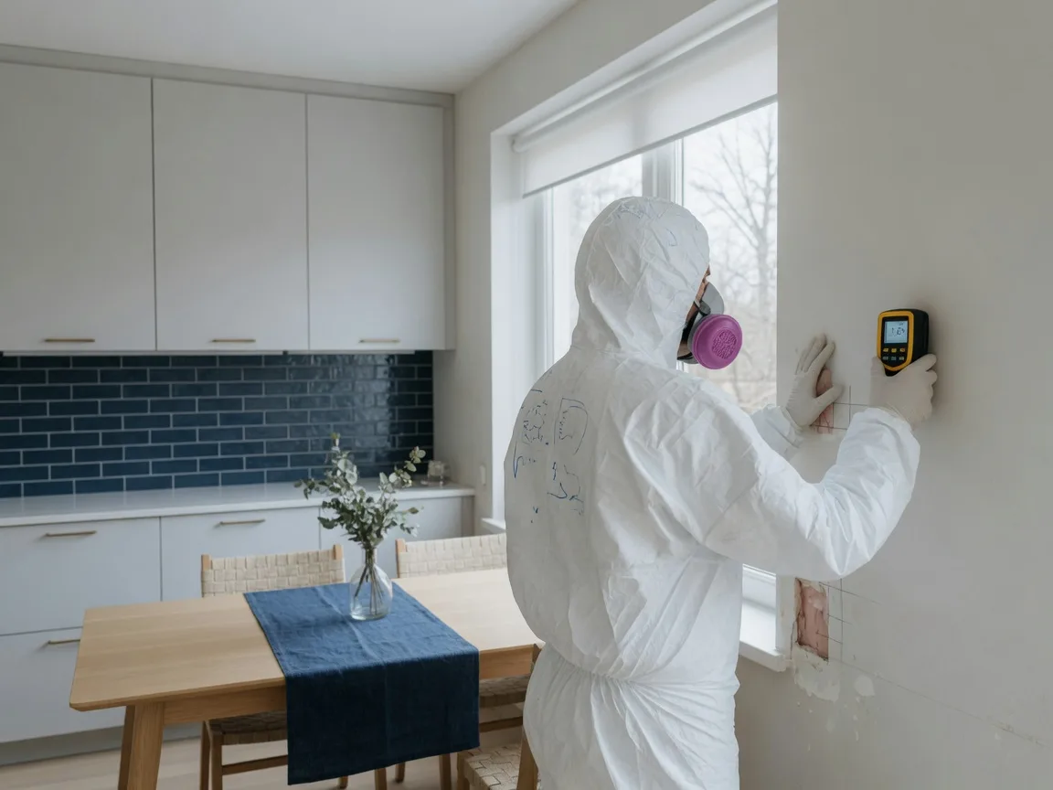 Restoration technician in protective gear inspecting a wall for moisture and mold