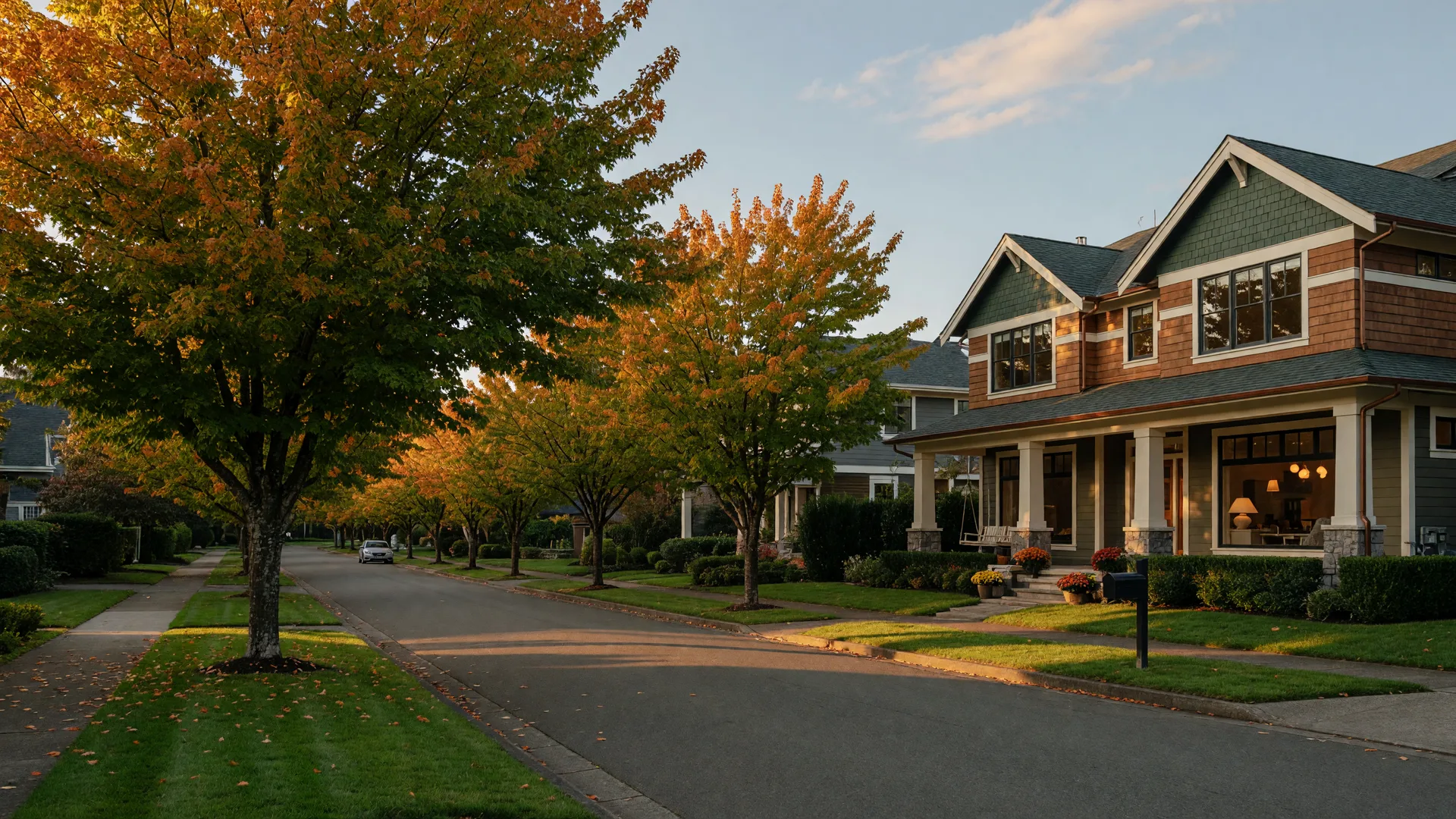 An upscale Lake Oswego residential street in early fall with mature maples and warm evening light