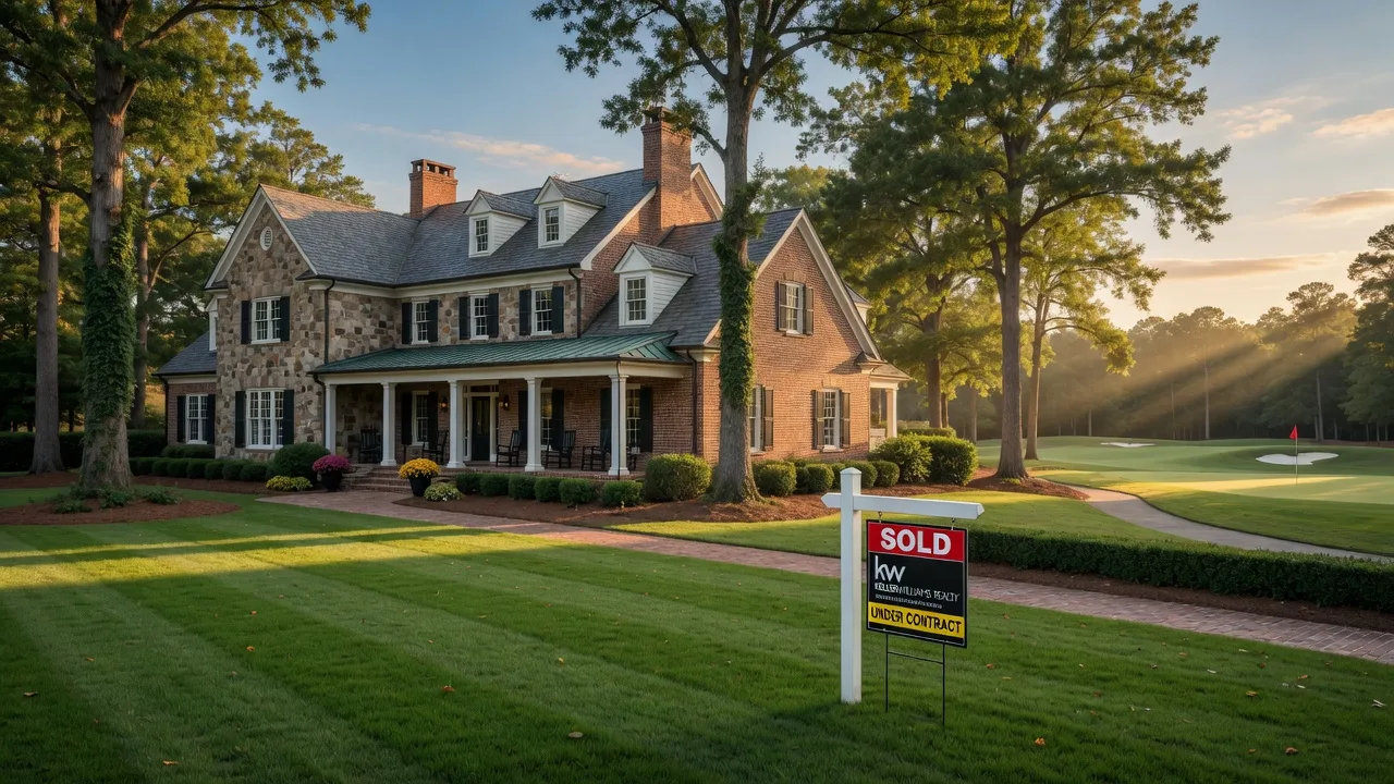 Luxury estate in an upscale Georgia golf course community with a sold sign in the front yard on a warm late-summer afternoon